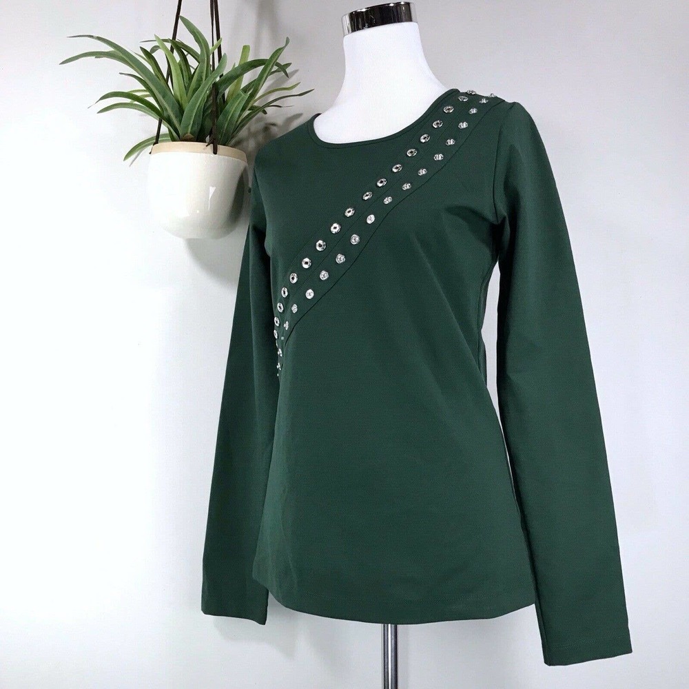 Altuzarra Snap Embellished Knit Blouse‎ Top Green Size L Long Sleeve T Shirt